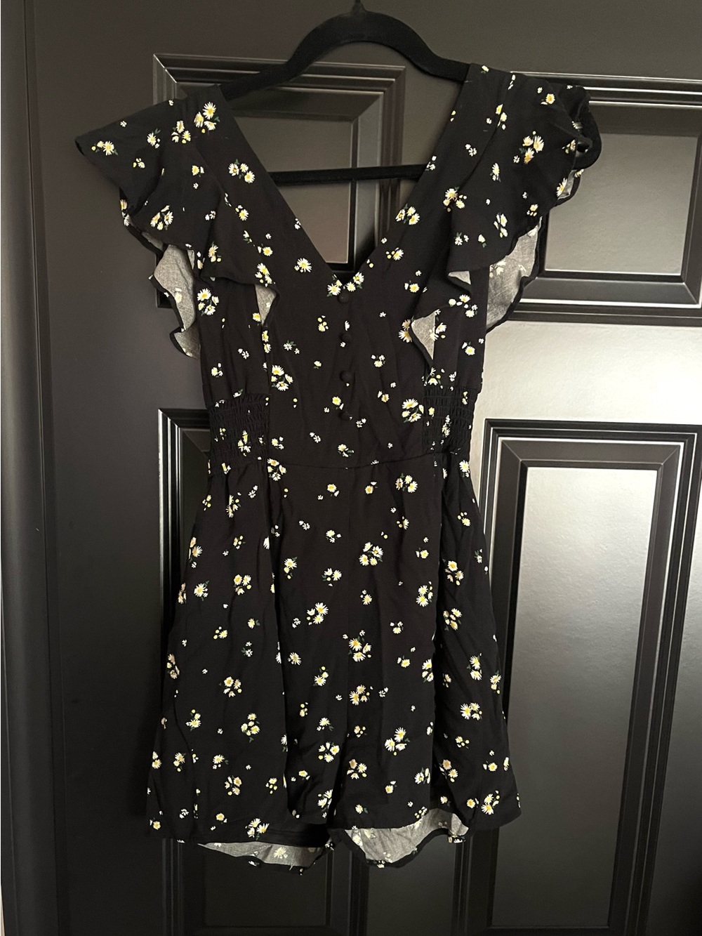 miami Black Mini Dress with White & Yellow Daisy Print